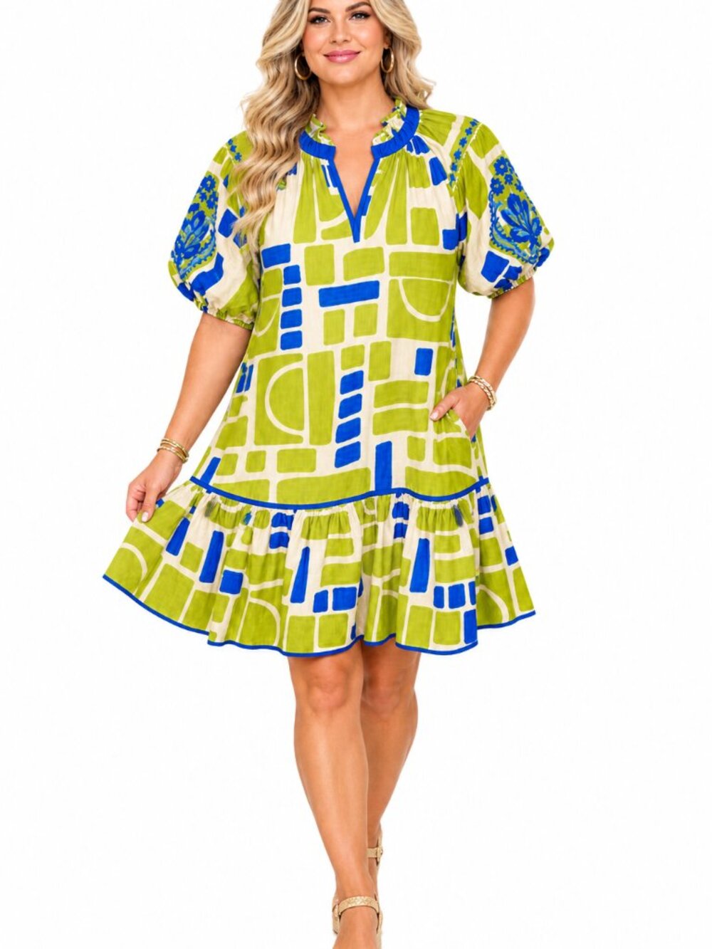 UMGEE Shrt Puff Slves Ruffle Collar V-Neck Grn/Blue Abstract Print Mini Dress L